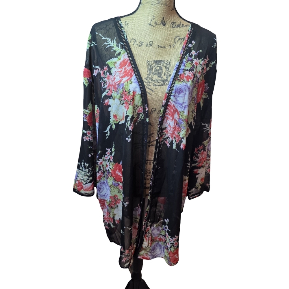 B.O.G Collective Floral Kimono Cardigan Black Sheer Lace Trim Plus Size XXL NWT